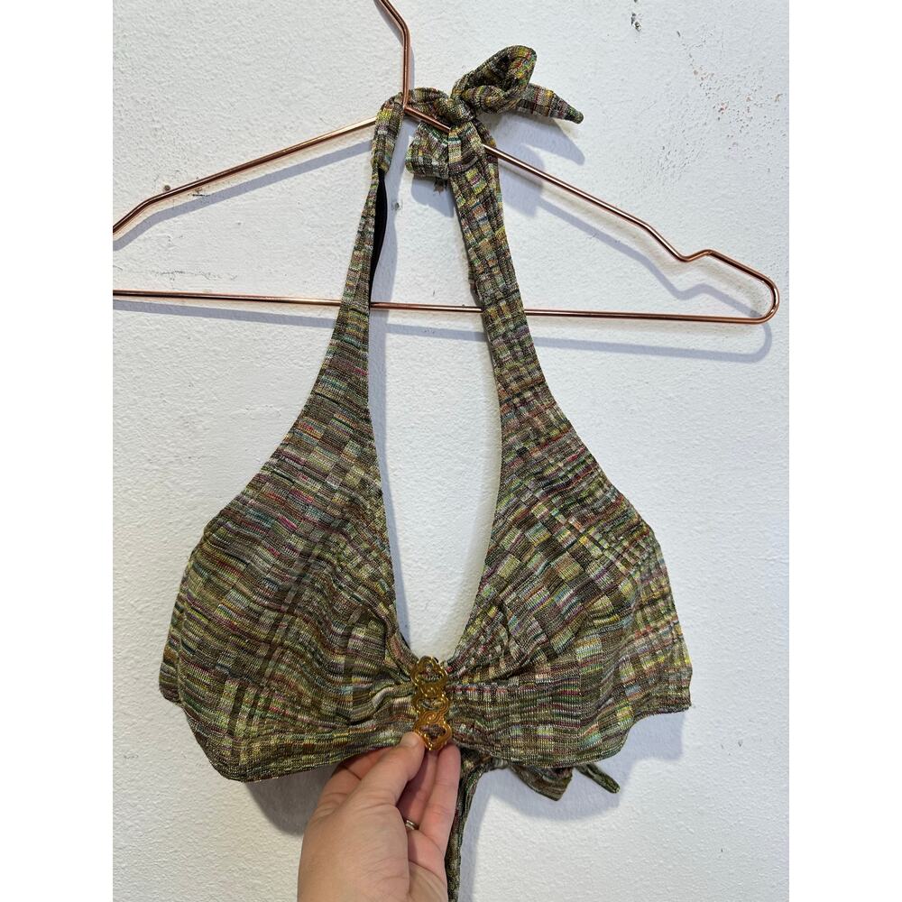 AERIN ROSE Green Multicolored Halter Tie Neck Gold Accent Swimsuit Top size 32D